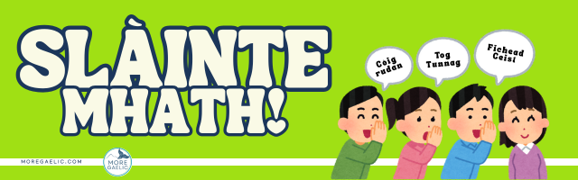 bright green banner image for Slàinte Mhath Online games. The title is in puffy letters and there are three cartoon characters whispering to each other with speech bubbles over their heads 
